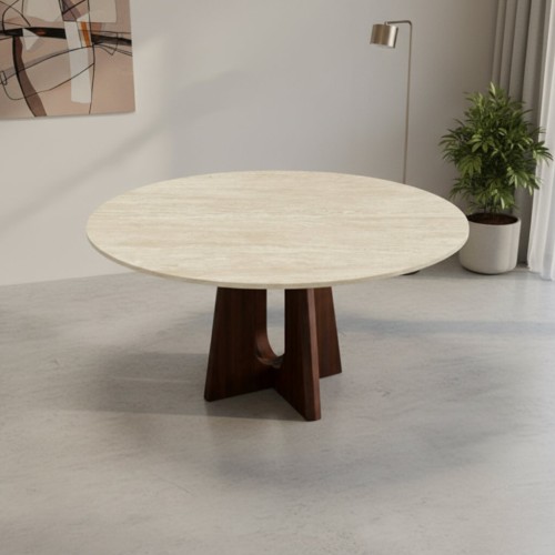 Kento Travertine Dining Table with Wooden Legs
