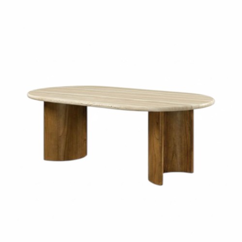 Olive Travertine Dining Table with Wooden Legs