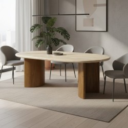 Olive Travertine Dining Table with Wooden Legs