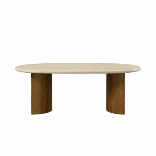 Olive Travertine Dining Table with Wooden Legs